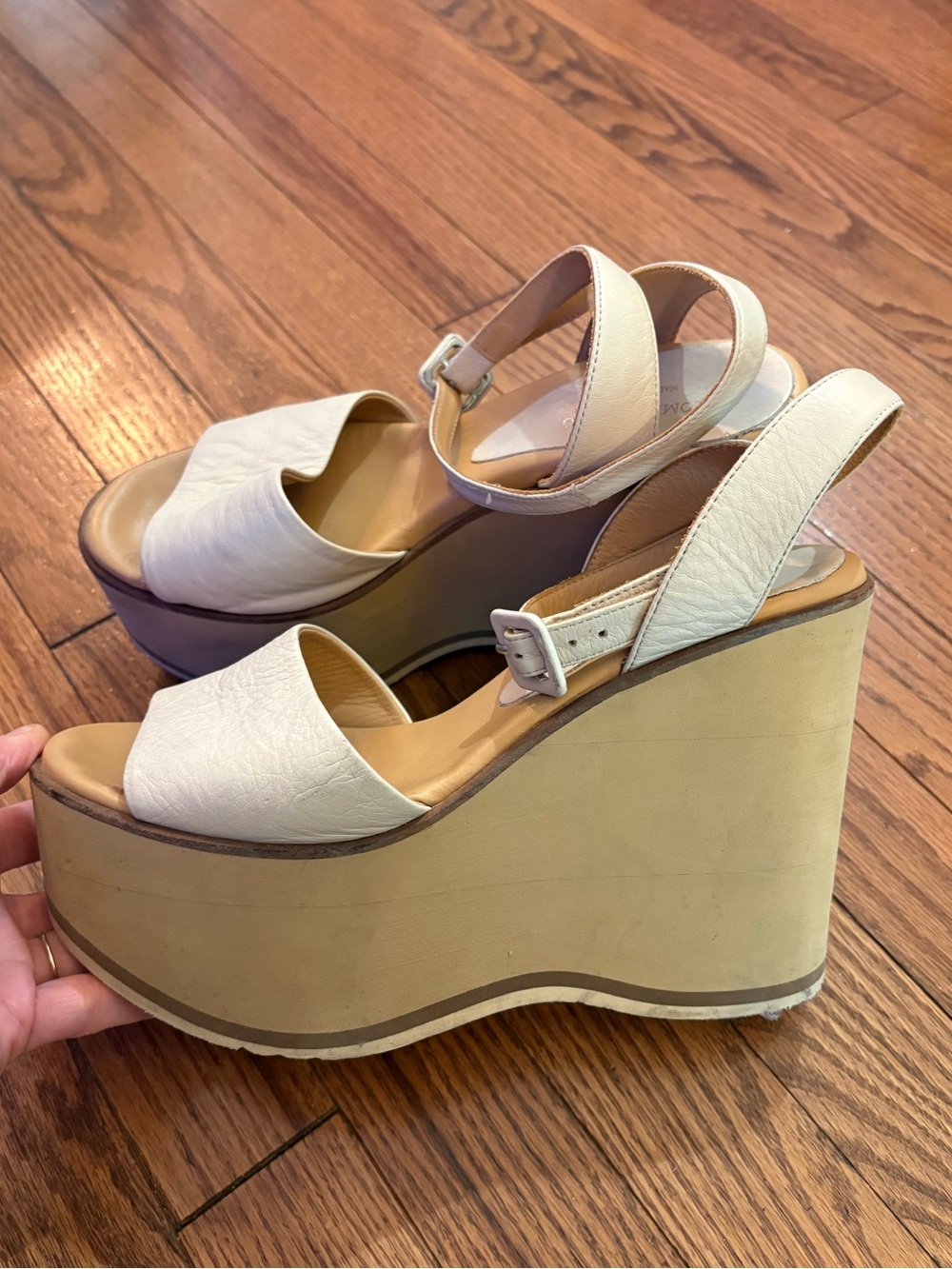 Paloma Barcelo Cream Platform Wedge Sandals with Ankle Strap